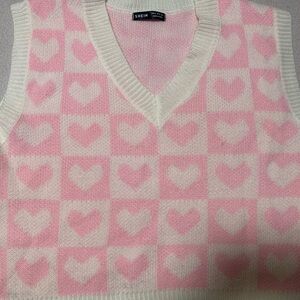 SHEIN Pink and White Heart V-Neck Sweater Vest